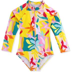 Girls Swimsuits One Pieces Long Sleeve Swimwear UPF50+ Toddler Kids Zipper Sun Protection Bathing Suits Sizes 2-12
