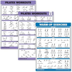 3 Pack - Pilates Workout Poster Set Volume 1 & 2 + Warm Up Routine - Pilates Mat Work Exercises - Fitness Charts (18 x 24, LAMINATED)