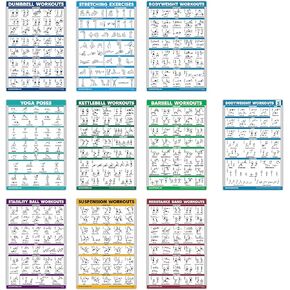 10 Pack - Exercise Workout Poster Set - Bodyweight Volume 1 & 2, Dumbbell, Suspension, Kettlebell, Resistance Bands, Stretching, Barbell, Yoga Poses, Exercise Ball (LAMINATED, 18" x 24")