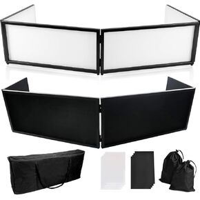 DJ Booth Facade – 67" x 19.7" x 16" Portable DJ Event Booth with Black & White Scrims, with Foldable Panels & Travel Bag, Adjustable for Custom Setup, Ideal for Weddings & Shows
