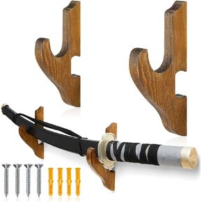 Chunful 2 Pcs Sword Wall Mount Sword Holder Katana Stand 1 Tier Katana Wall Mount Adjustable Sword Display Wooden Sword Mounts for Wall Sword Hanger for Samurai (Brown)