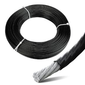 Muzata 150ft Black Vinyl Coated Wire Rope 3/32" Overmolded to 1/8" Stainless Steel Aircraft Cable 7x7 Strand Outdoor Indoor Cable Wire for Clotheline String Lights Hanging DIY WR11