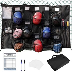 QBA Hanging Helmet Bag for Baseball Softball Team, Helmet Organizer for Dugout Fence Garage, Hold Up to 15 Players Helmets 4 Bats with Name Cards Roster Line Up, Black