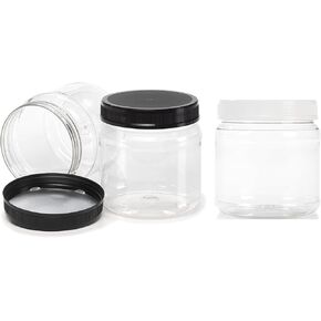 Juce Jugz 43 oz. Large Round Clear Plastic Jars with Black Ribbed Lids (6/Pack)