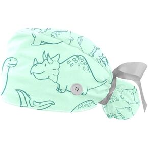 Adjustable Scrub Bouffant Caps, 2 Packs Colorful Hand Drawn Dinosaur Pattern Working Hat Hair Cover with Ponytail Pouch, Soft Surgical Nurse Cap, Multicoloured 8, Medium-3X-Large