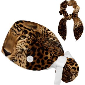 1 Pack Surgical Cap with Hair Scrunchy, Scrub Hat Ponytail Holder for Women, Animal Leopard Print Patterns