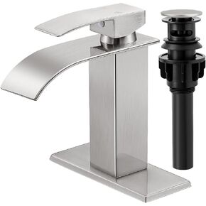 KZH Waterfall Bathroom Faucet,Single Handle 1 or 3 Hole Bathroom Sink Faucet Washbasin Faucet,Rv Vanity Faucet with Deck Plate, Pop-up Drain and Supply Hoses Brushed Nickel