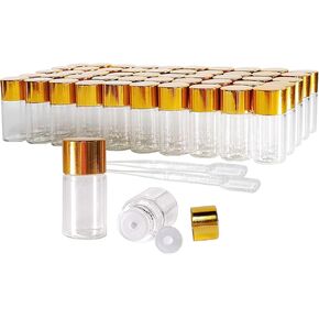 50Pcs 3ml Mini Essential Oil Bottles Sample Bottles with Orifice Reducers and Gold Caps,3ml Clear Glass Bottles Vials, for Perfume, Aromatherapy, Cosmetic Oils Container