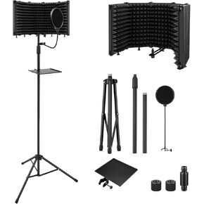 Moukey Microphone Isolation Shield with Pop Filter & Tripod Stand, Foldable Mic Shield with Triple Sound Insulation, High Density Mic Sound Shield for Recording Studio, Podcasts, Singing, Broadcasting