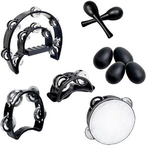 10 Pcs Tambourines for Adults, Metal Jingles Hand Musical Held Percussion Set Half Moon Tambourine Foot Tambourine Sand Hammer Wood Rhythm Sticks Egg Shakers for Music Party Supplies(Black)
