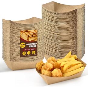 Ocmoiy 2lb Kraft Paper Food Trays, 100 Pack Heavy Duty Food Boats Disposable Food Serving Tray Food Holder Trays for Hot Dog, Nachos, Tacos, Fries, BBQ, Festivals, Party