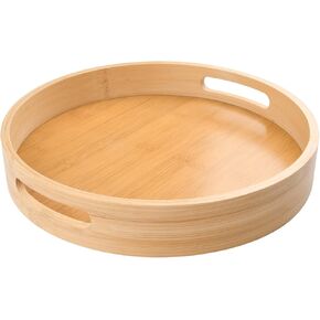 12 inch Round Serving Wooden Tray with Handles, Bamboo Decorative Ottoman Tray Serving for Serving Beverages & Food on Bar Living Room Home Dining Table.