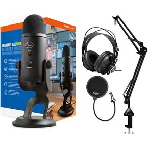 Blue Microphones Yeti Blackout USB Microphone Bundle with Desktop Boom Arm Microphone Stand, Closed-Back Studio Monitor Headphones and Pop Filter (4 Items)