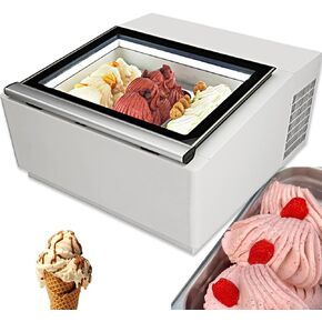 Yovtekc Countertop Gelato Display Freezer, Gelato Display Case with 3PCS GN Pan, Gelato Dipping Cabinet, Hard Ice Cream Display Cabinet, Gelato Freezer Showcase Fast Cooling with LED Light, White