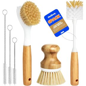 Holikme 6 Pack Dish Brush Scouring Pad Set with Bottle Brush, Dish Brush, Palm Scrub Brush and Straw Brush, Dish Scrubber Long Handle for Dish Bottle Cup Skillet Wok Pot Pan Cast Iron, Yellow