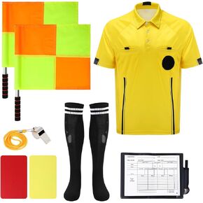 Soccer Referee Kit, 6 Pcs Soccer Referee Shirt Jersey Umpire Uniform Football Linesman Flags Sports Whistle Soccer Socks Referee Notebook Soccer Referee Costume for Adult Teenager