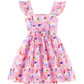 RETSUGO Toddler Girls Dresses Kids Summer Clothes Flutter Sleeve Birthday Party Bowknot Dress Casual Swing Sundress