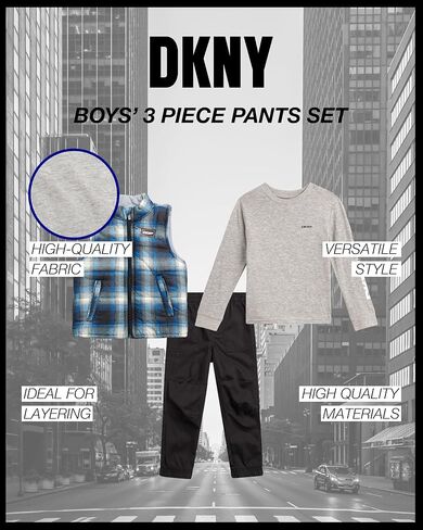 طقم بناطيل للأولاد من DKNY - سترة منتفخة معزولة مكونة من 3 قطع، قمصان وسراويل طويلة الأكمام للأولاد (مقاسات الرضع: 12M-24M) in Saudi Arabia