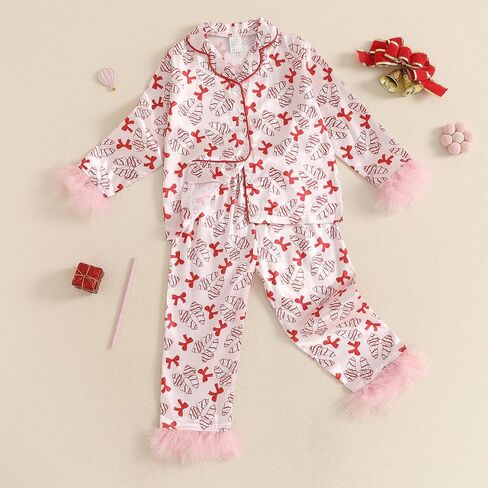 Toddler Baby Girl Satin Pajamas Set Fuzzy Trim Button Down Sleep Shirt Top Pants Bottoms Sleepwear Loungewear Set (X Pink, 2-3 Years) in Saudi Arabia