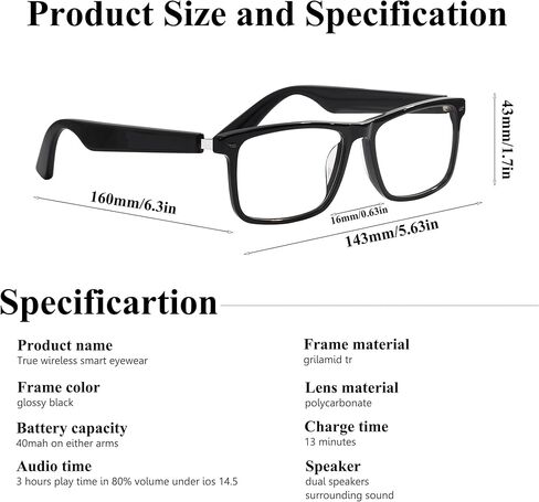 Smart Bluetooth Glasses for Men Women with 2 Speakers,Blue Light Filter,Music/Calling,Voice Assistant,13 Min Charge (KX04S) in Saudi Arabia