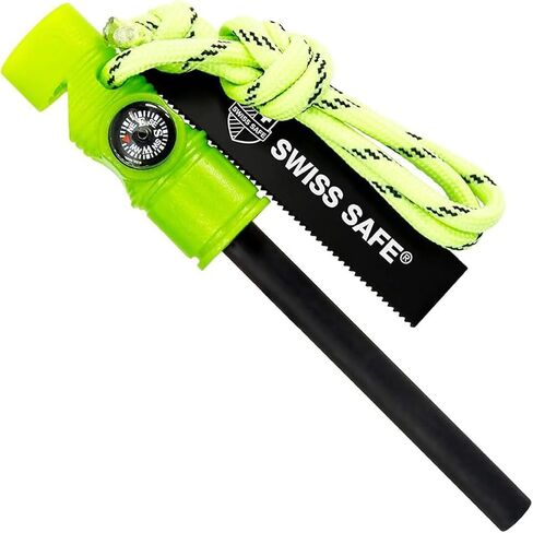 Swiss Safe 5-in-1 Magnesium Ferro Rod Fire Starter Survival Tool - Flint & Steel Striker, Compass, Paracord & Whistle - Emergency Kit for Backpacking, Camping, Hiking - All-Weather - Black, 1-Pack in Saudi Arabia