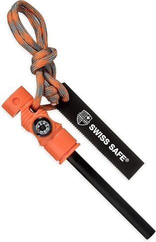 Swiss Safe 5-in-1 Magnesium Ferro Rod Fire Starter Survival Tool - Flint & Steel Striker, Compass, Paracord & Whistle - Emergency Kit for Backpacking, Camping, Hiking - All-Weather - Black, 1-Pack in Saudi Arabia