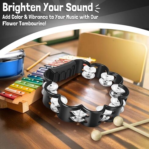 Flexzion Flower Tambourine - 8 Inch Handheld Percussion Instrument w/Metal Jingles & Ergonomic Grip - Small Tambourines for Adults, Kids, Church, Parties, & Musical Events (Black) in Kuwait