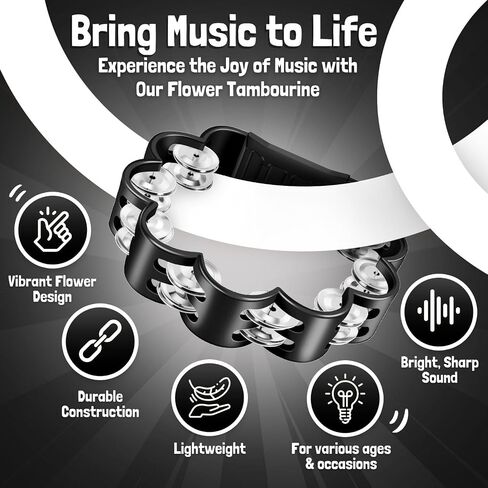 Flexzion Flower Tambourine - 8 Inch Handheld Percussion Instrument w/Metal Jingles & Ergonomic Grip - Small Tambourines for Adults, Kids, Church, Parties, & Musical Events (Black) in Kuwait