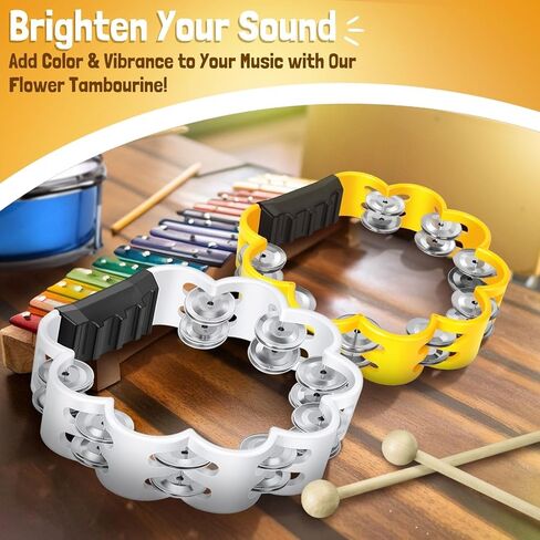 Flexzion Flower Tambourine - 8 Inch Handheld Percussion Instrument w/Metal Jingles & Ergonomic Grip - Small Tambourines for Adults, Kids, Church, Parties, & Musical Events (Black) in Kuwait