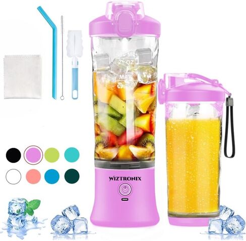 Cordless 21oz Portable Blender BPA Free With Personal Blender Cup, Best For Smoothie, Shakes, and Cocktails, With Durable Stainless Steel Blades, USB-C Rechargeable in Blue By WIZTRONIX in Saudi Arabia
