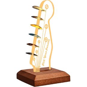 Light Up Guitar Pick Holder,Guitar Accessories Gift for Guitar Players Guitarists，Acrylic Electric Guitar Headstock Shaped Pick Holder with Wooden Base for Picks Storage and Display