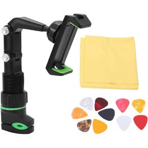 Estink Guitar Head Phone Holder Mount, Guitar Phone Holder Clip Green with 10 Paddles Wiping String Cloth Guitar Head Phone Holder Adjustable Angle Multi Function Guitar Head Phone Holder