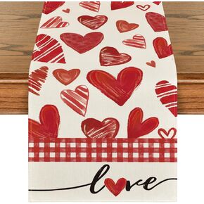 Artoid Mode Red Buffalo Plaid Love Heart Valentine's Day Table Runner, Anniversary Kitchen Dining Table Decoration for Home Party Decor 13x72 Inch