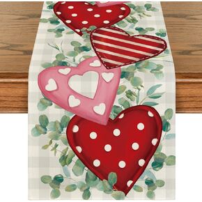 Artoid Mode Eucalyptus Polka Dot Hearts Valentine's Day Table Runner, Holiday Kitchen Dining Table Decoration for Home Party Indoor 13x72 Inch