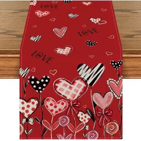 Artoid Mode Red Love Hearts Leaves Valentine's Day Table Runner, Seasonal Holiday Kitchen Dining Table Decoration for Home Party Decor 13x72 Inch