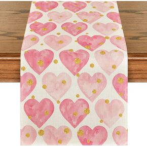 Artoid Mode Golden Pink Love Valentine's Day Table Runner, Seasonal Anniversary Kitchen Dining Table Decoration for Indoor Home Party 13x72 Inch