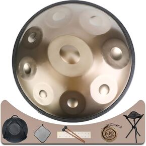 Handpan Drum, Handpan Drums for Adults, 22-Inch 9-Notes 440Hz D Minor Kurd Handpan, Handpan Instrument with Soft Handpan Bag, 2 Handpan Mallets, Handpan Stand and Dust-Free Cloth (Gold)