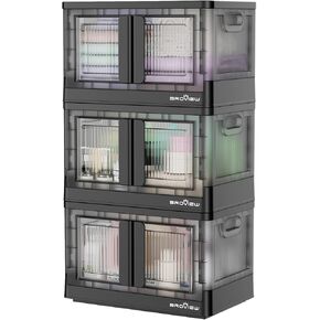 Storage Bins with Lids, 76 QT Stackable Storage Containers with Wheels, Collapsible Storage Box with Doors, Folding Storage Cabinets for Closet, Home Office Dorm Organizer, 3Pack Brown