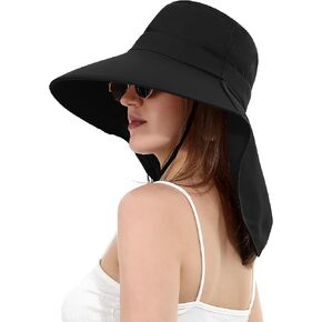 Womens Sun Hat Wide Brim with Ponytail Hole Neck Flap Outdoor UV Protection Foldable Fishing Cap UPF 50+