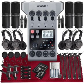 Zoom PodTrak P4 Portable Multitrack Podcast Recorder, Audio Interface w/ 4 Mic Inputs, 4 Headphone Outputs with 64GB SD, 4X Zoom Podcast Mic Pack, 4X Pop Filter Set, 4AA Rechargeable Batteries & More