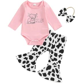 Baby Girl Western Outfit New to the Herd Cow Long Sleeve Romper Floral Flare Pants Set Headband 3Pcs Fall Clothes