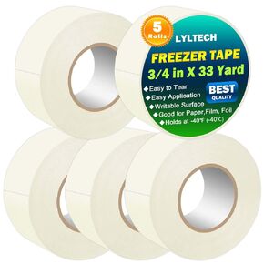 White Freezer Tape 5 Rolls -165 Yard,Writable Surface,Easy to Tear, Low Temperature Resistance,Residue-Free Removal, Each Roll 3/4 in x 33Yard