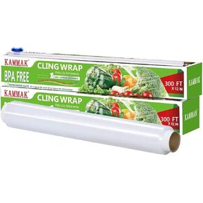 KAMMAK Plastic Wrap Food Cling Wrap with Slide Cutter 4 Pack 12 inch Clear Cling Film 300 Square FT Roll BPA Free Food Service Wrap Microwave Safe Quick Cut Kitchen Wrap Plastic Film