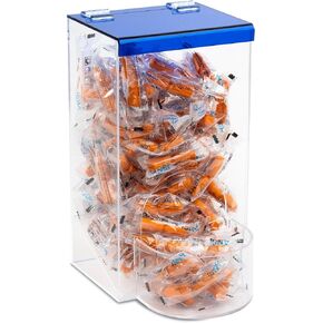 Earplug Holder, Universal Clear Acrylic Storage with Blue Lid for Small Bulk Accessories - Finger Cots, Hairnets, Laundry Dishwasher Pods, Packets, Beard Covers, Condiments & Candy