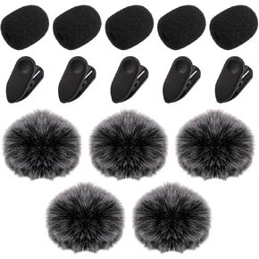 15pcs Lapel Microphone Windscreen, 5 Furry Windscreen & 5 Foam Cover & 5 Lav Mic Clips Lavalier Microphone Accessories for Decreasing Wind Noise