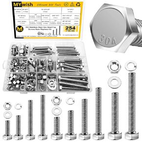 90Pcs 3/8 Bolts, Hex Head Nuts and Bolts Assortment Kit, 304 Stainless Steel 18-8, Assorted 3/8 Bolts and Nuts Kit, 3/8-16" Fully Machine Threaded Bolts, 5 Sizes Included Bolts Kit