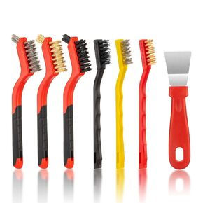 6 Pieces Wire Brush with 1 Pc Scraper Set - Brass , Stainless Steel and Nylon Brushes for Paint & Dirt Removal , Rust and Metal Cleaning - for Kitchen , Workshop and Small Deep Cleaning Tasks