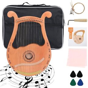 Lyre Harp, 16 Strings Mahogany Wood Lyre Harp with Extra Strings, Picks, Tuning Lever, Black Gig Bag, Beginner's Manual for Lyre