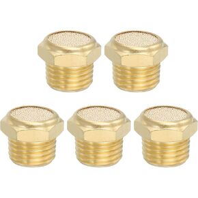PATIKIL Brass Pneumatic Exhaust Muffler 1/4" NPT 5 Pcs Flat Sintered Air Breather Vent Filter Solenoid Valve Noise Reducer Fitting for Compressor Cylinders Oil Tanks Air Tools, Golden