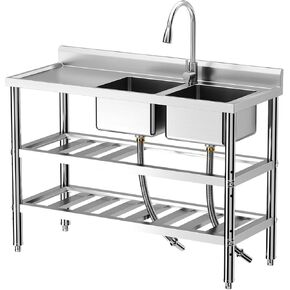 Stainless Steel Sink, Free Standing Single Bowl Kitchen Sink with Cold and Hot Water Pipe, Nsf Certified, Large Utility Sink Single Bowl Utility Sink for Garage, Restaurant, Laundry
